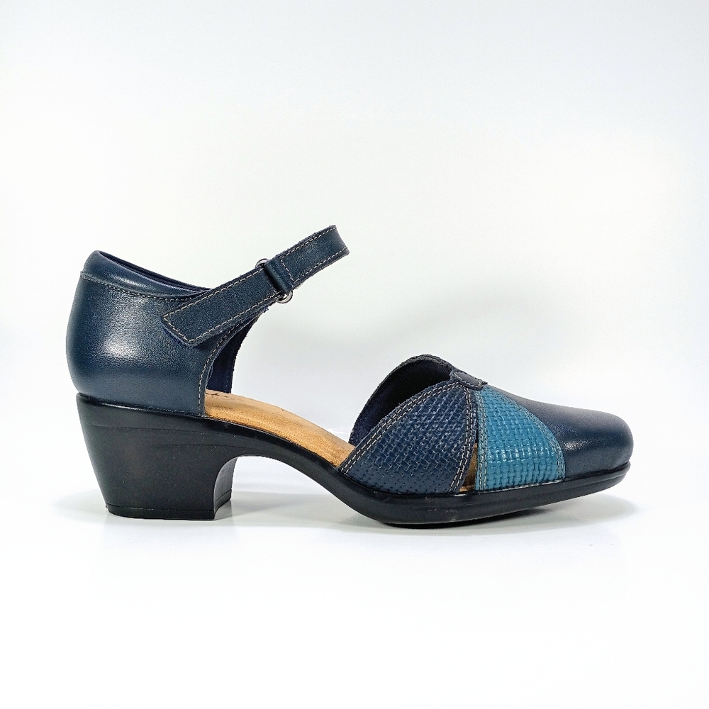 Clarks Emily Rae Womens 10 Wide Fit Navy Blue Leather Block Heel Pumps
